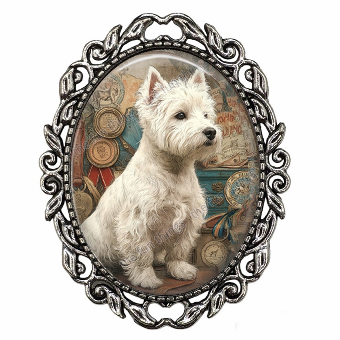 West Highland Terrier Dog Retro Boho Style Pin Silver Brooch Glass Dog Mom Gift