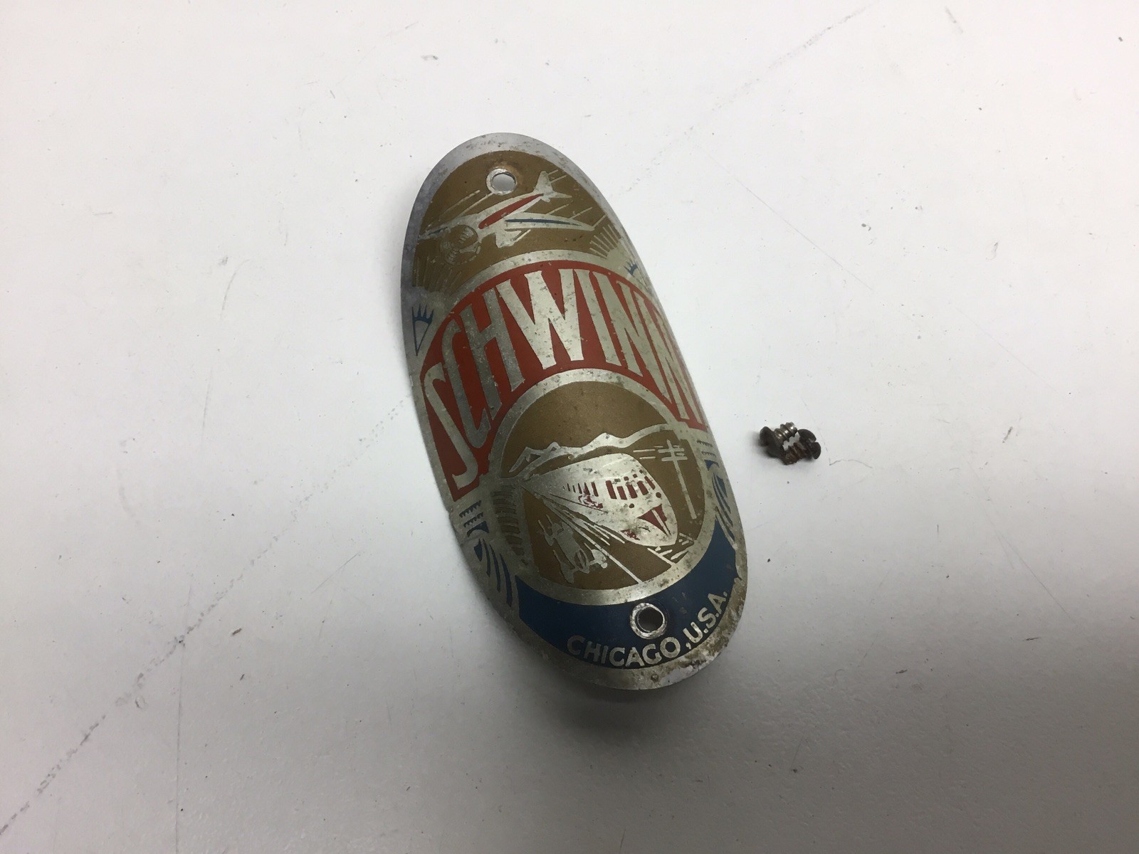 Vintage Arnold Schwinn Co. Planes Trains Bicycle Headbadge & Screws Vintage Arnold Schwinn Co. Planes Trains Bicycle Headbadge & Screws