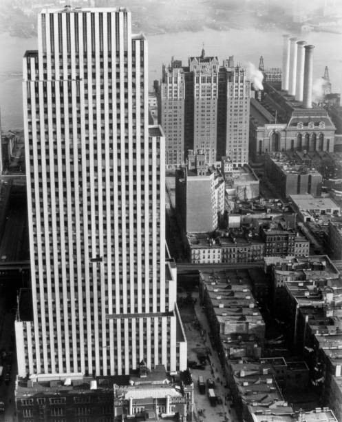 Looking toward East River from tall building News Bldg brownstones- Old Photo