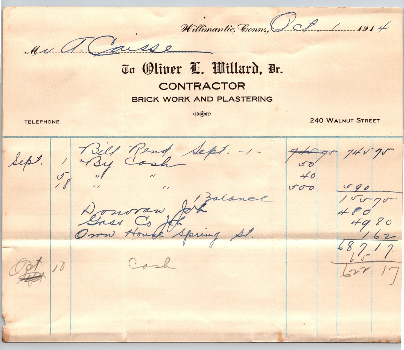 Vintage 1914 Willimantic CT Contractor Oliver Willard Invoice Billhead Ephemera Vintage 1914 Willimantic CT Contractor Oliver Willard Invoice Billhead Ephemera