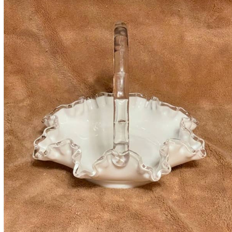 Vintage Fenton Milk Glass, Silver Crest, Crimped Basket w/Clear Glass Handle