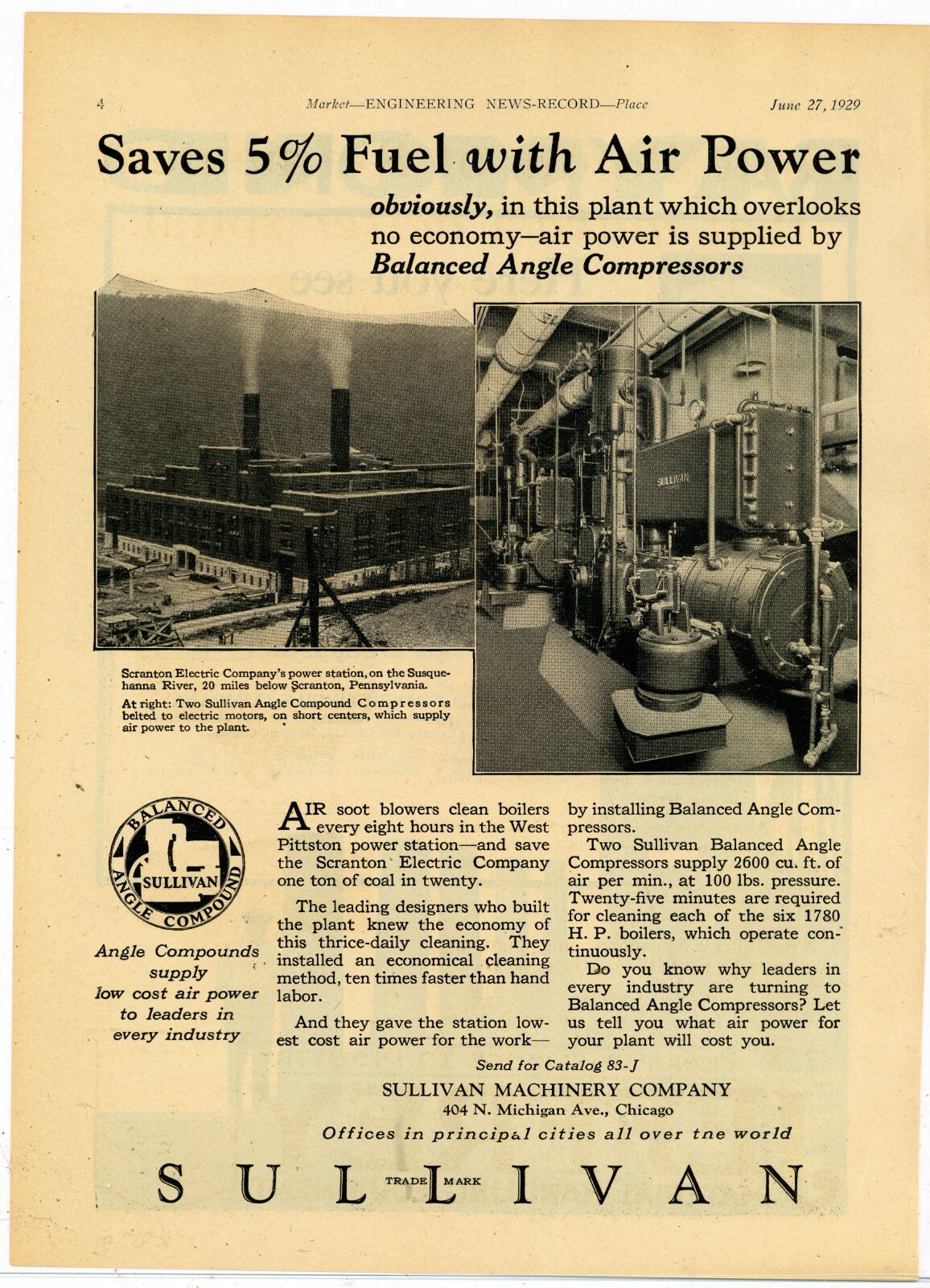 1929 Sullivan Machinery Co. Ad: Scranton Electric Co. Power Station Susquehanna 1929 Sullivan Machinery Co. Ad: Scranton Electric Co. Power Station Susquehanna