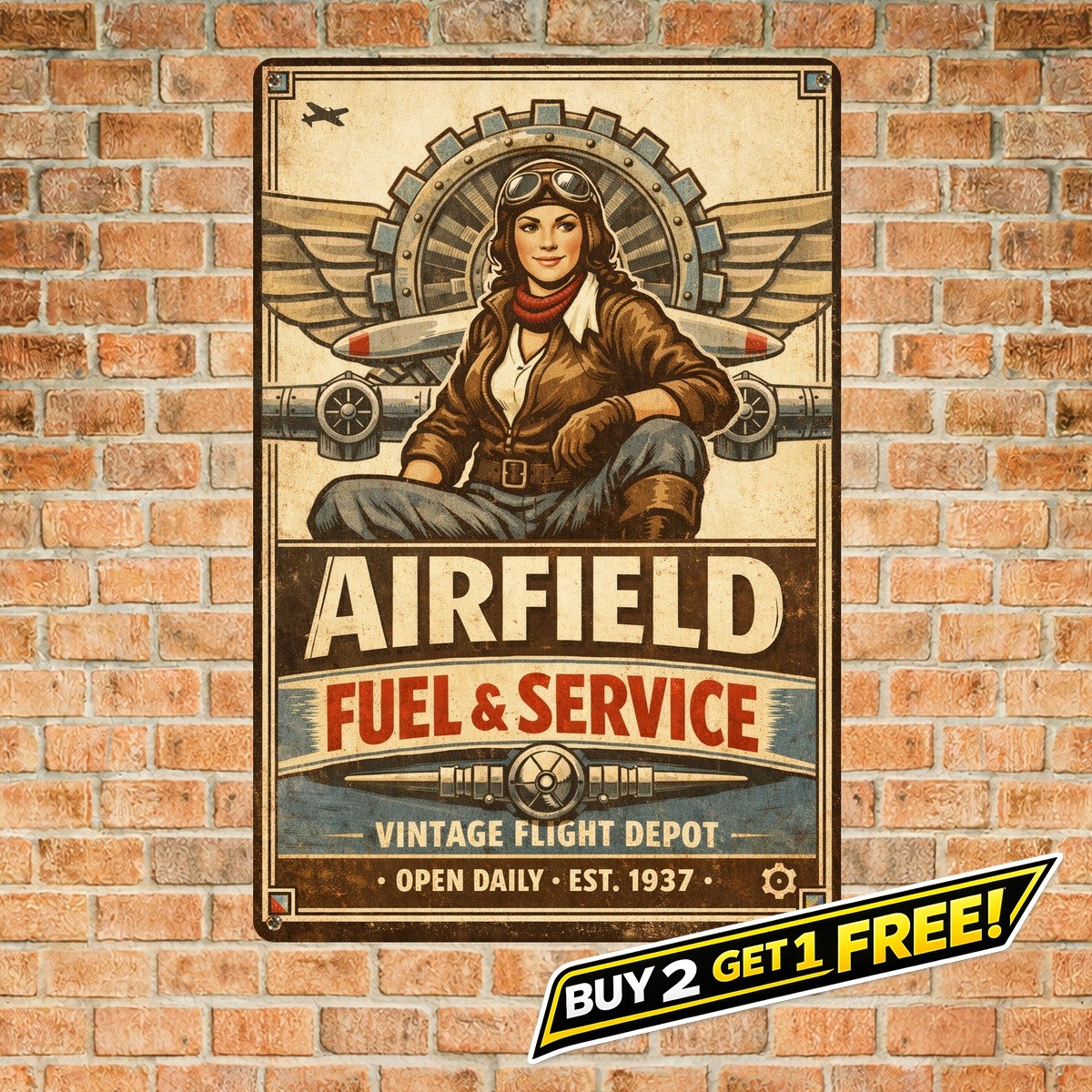 Pinup Pilot Girl Aviation Fuel Vintage Metal Art Plaque