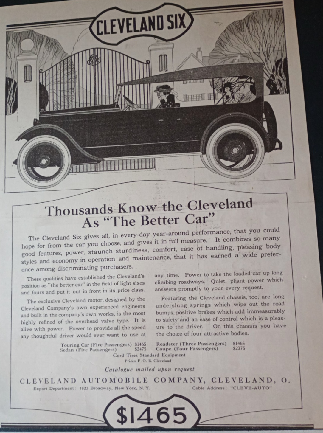 Cleveland Six Sedan/Tour Vintage Car April 1921Ad Literary Digest Cleveland Six Sedan/Tour Vintage Car April 1921Ad Literary Digest