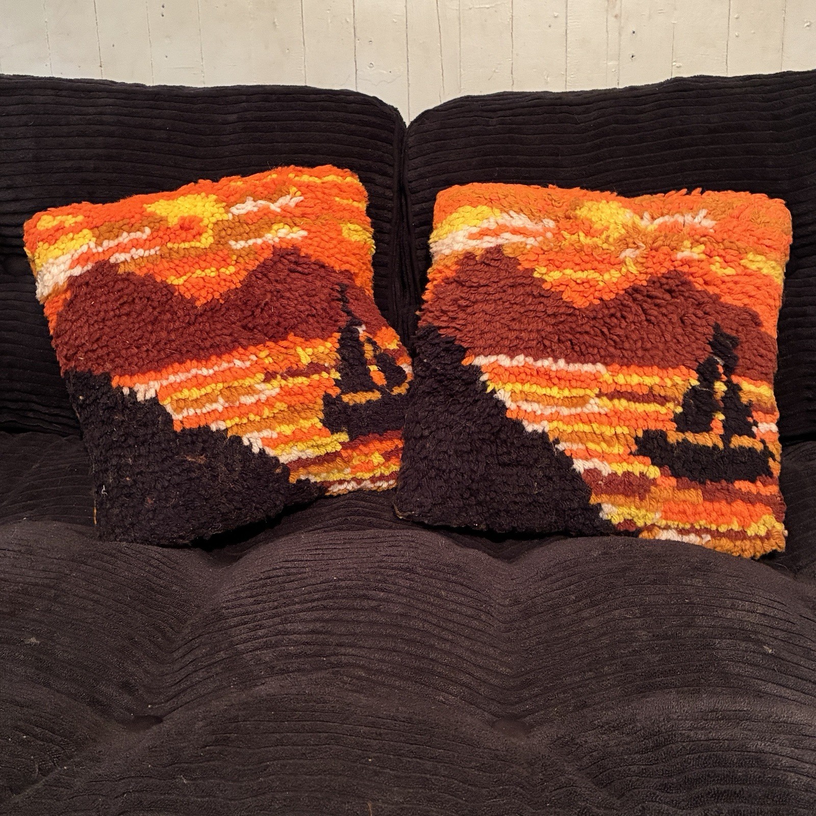 Vtg 70s Latch Hook Pillows Pair Shag Sunset Sailboat Crochet Back MCM Orange Set