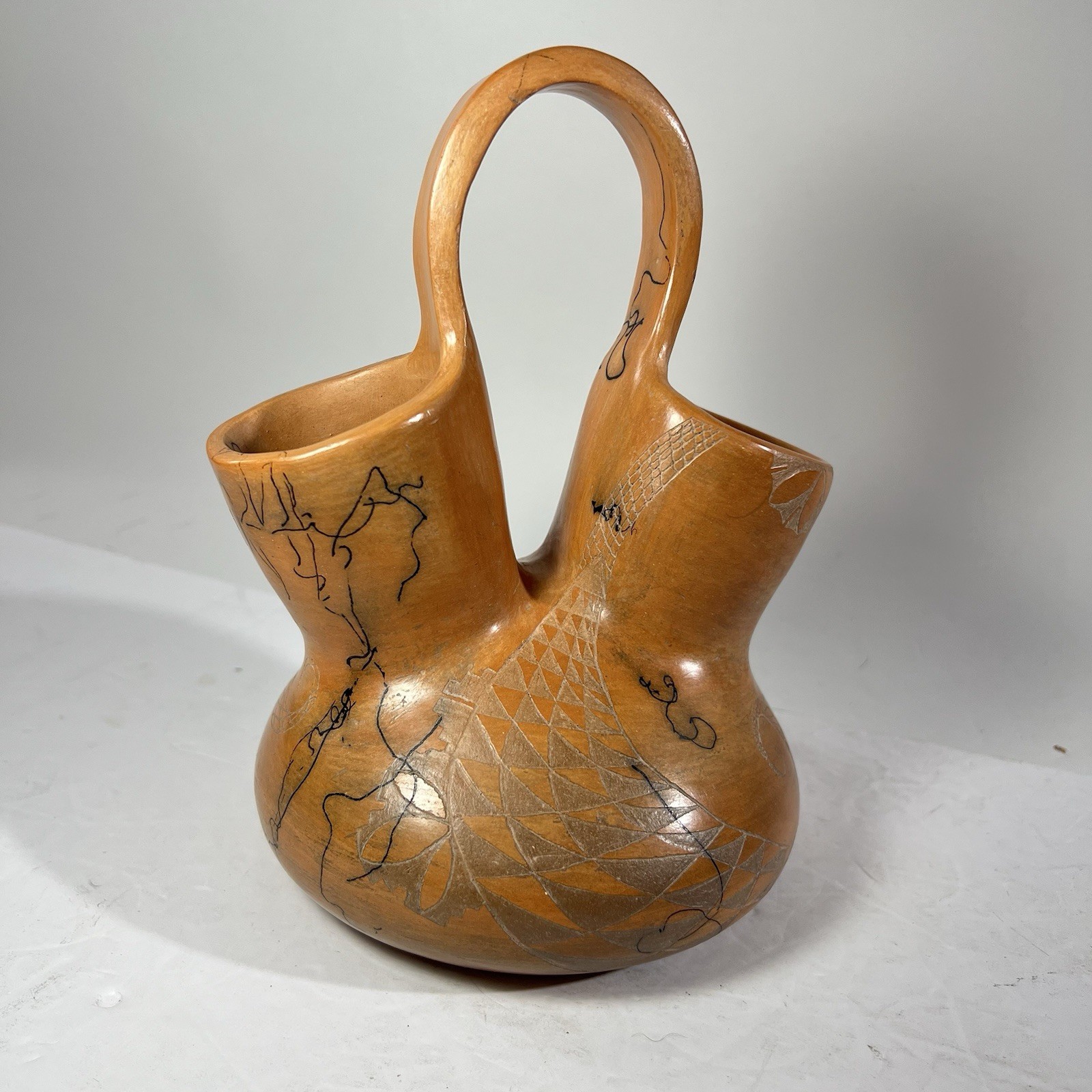 Native Pottery Wedding Vase Pearl Talachy Nambe Pueblo New Mexico Sgraffito Clay