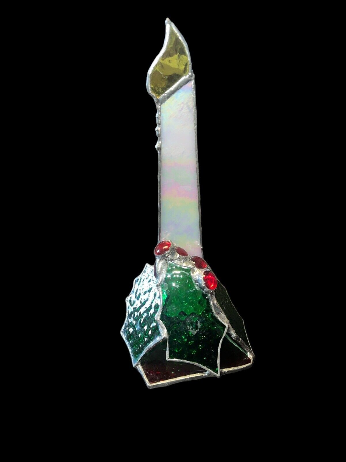Vintage Stained Glass Free Standing Christmas Holly. Candle
