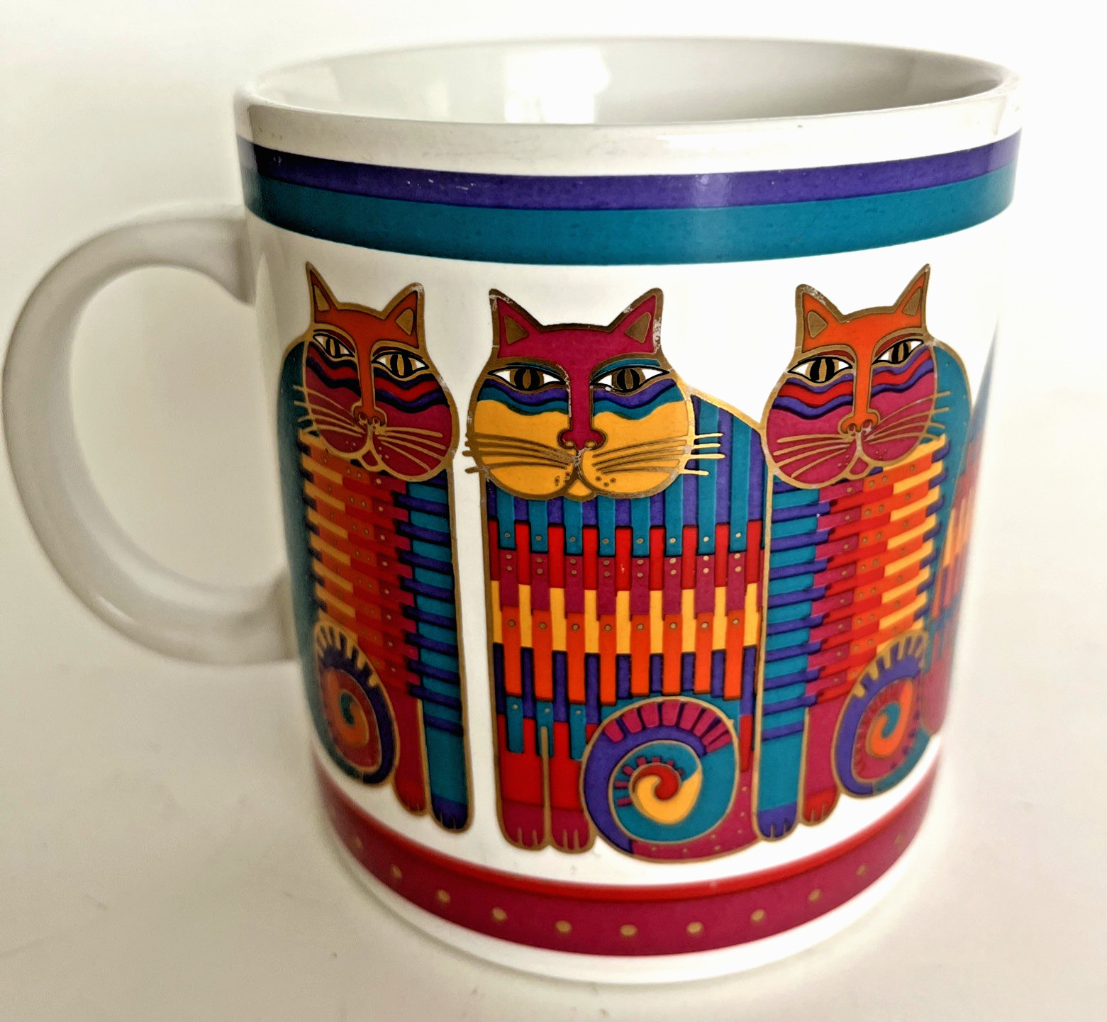 Vtg Laurel Burch Mug Rainbow Cat Cousins Coffee Cup Japan 1988 80s Gold Gilt 12