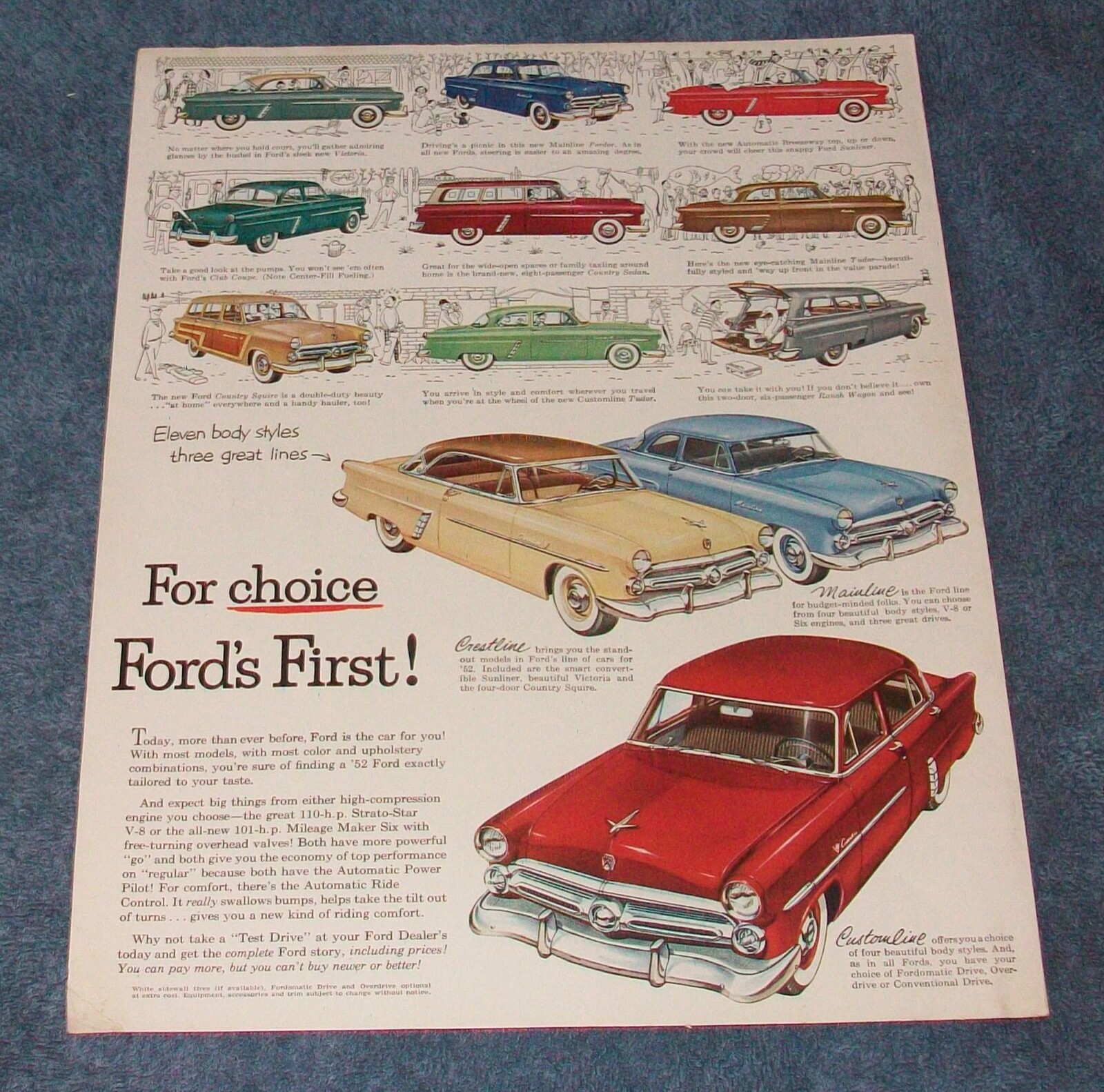 1952 Ford Crestline Mainline Customline Vintage Ad \