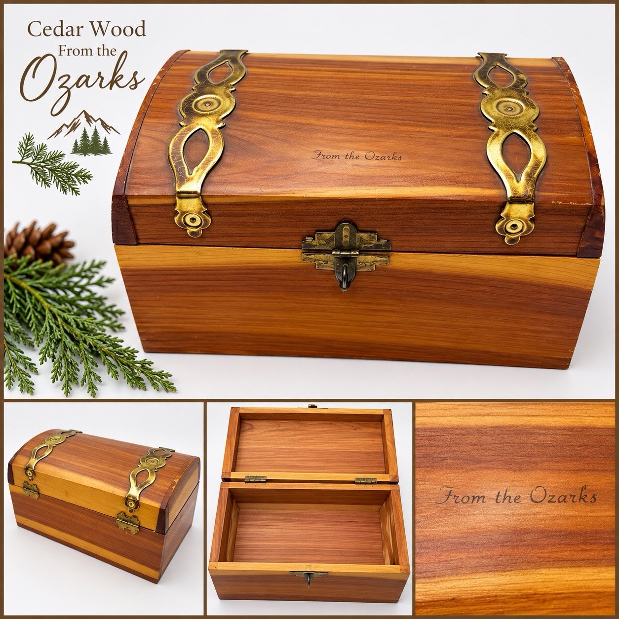 Vintage Cedar Keepsake Box Brass Trim Ozarks USA 8x4x4\