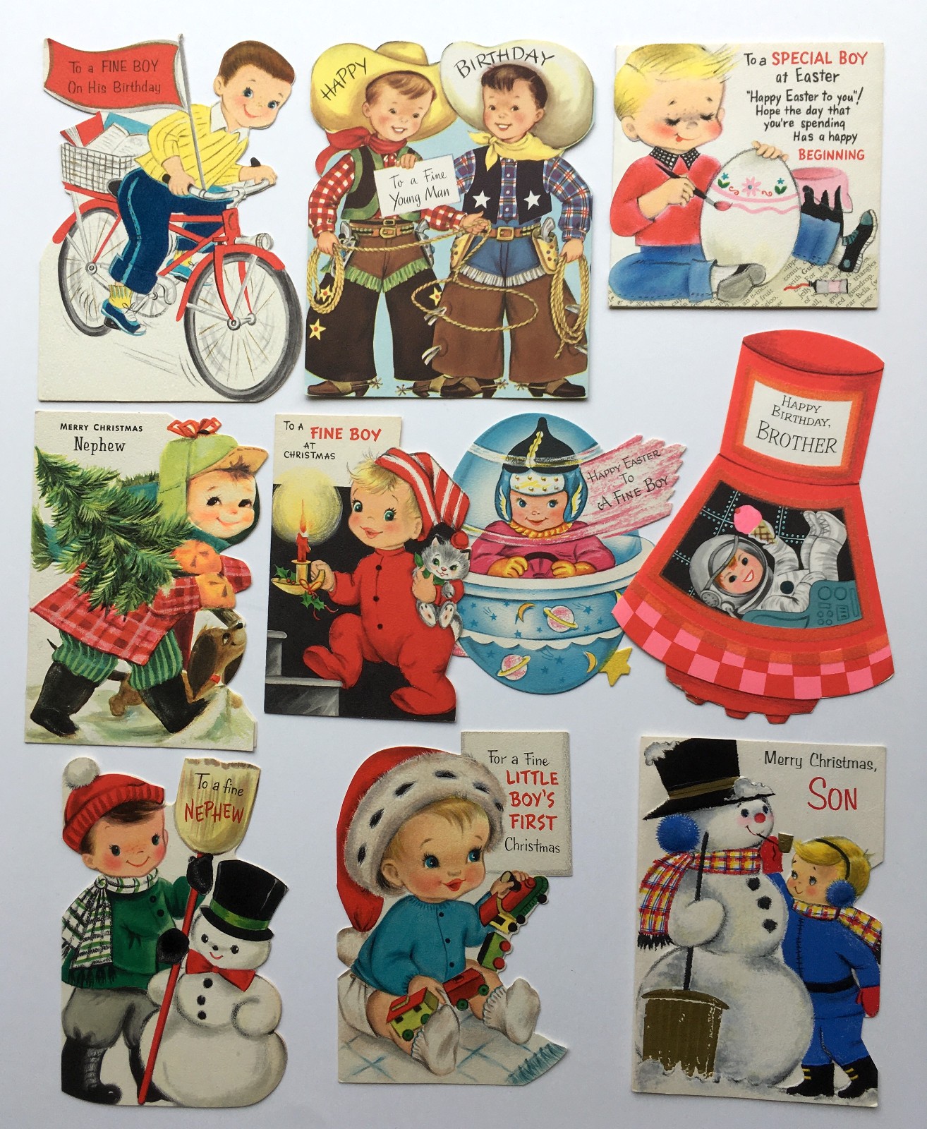 vtg BOY unused lot x10 Die Cut Birthday Christmas Easter HALLMARK Gibson+