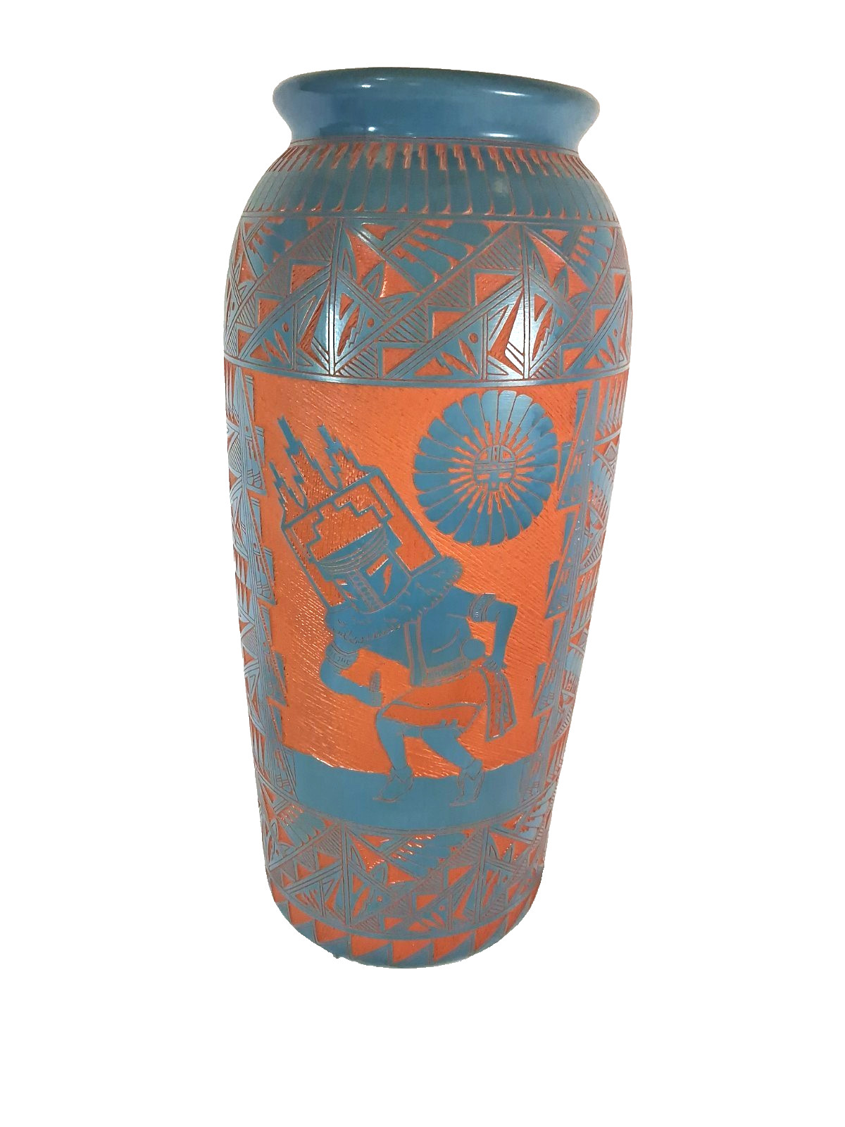 Laguna Acoma Kachina Eagle Dancer Sgraffito Pottery Floor Vase J.R. Diane Aragon
