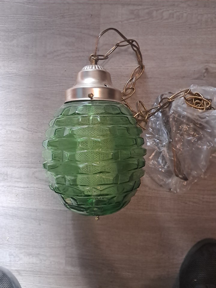 VTG Mid Century Green Crackle Glass Hanging Swag pineapple Lamp Retro New VTG Mid Century Green Crackle Glass Hanging Swag pineapple Lamp Retro New