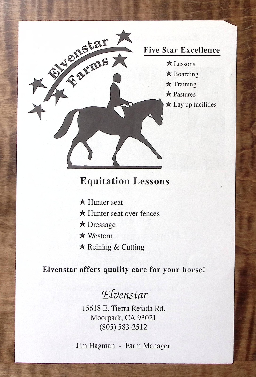VINTAGE ELEVENSTAR FARMS MOORPARK CA HORSE EQUITATION LESSONS JIM HAGMAN Z5441 VINTAGE ELEVENSTAR FARMS MOORPARK CA HORSE EQUITATION LESSONS JIM HAGMAN Z5441