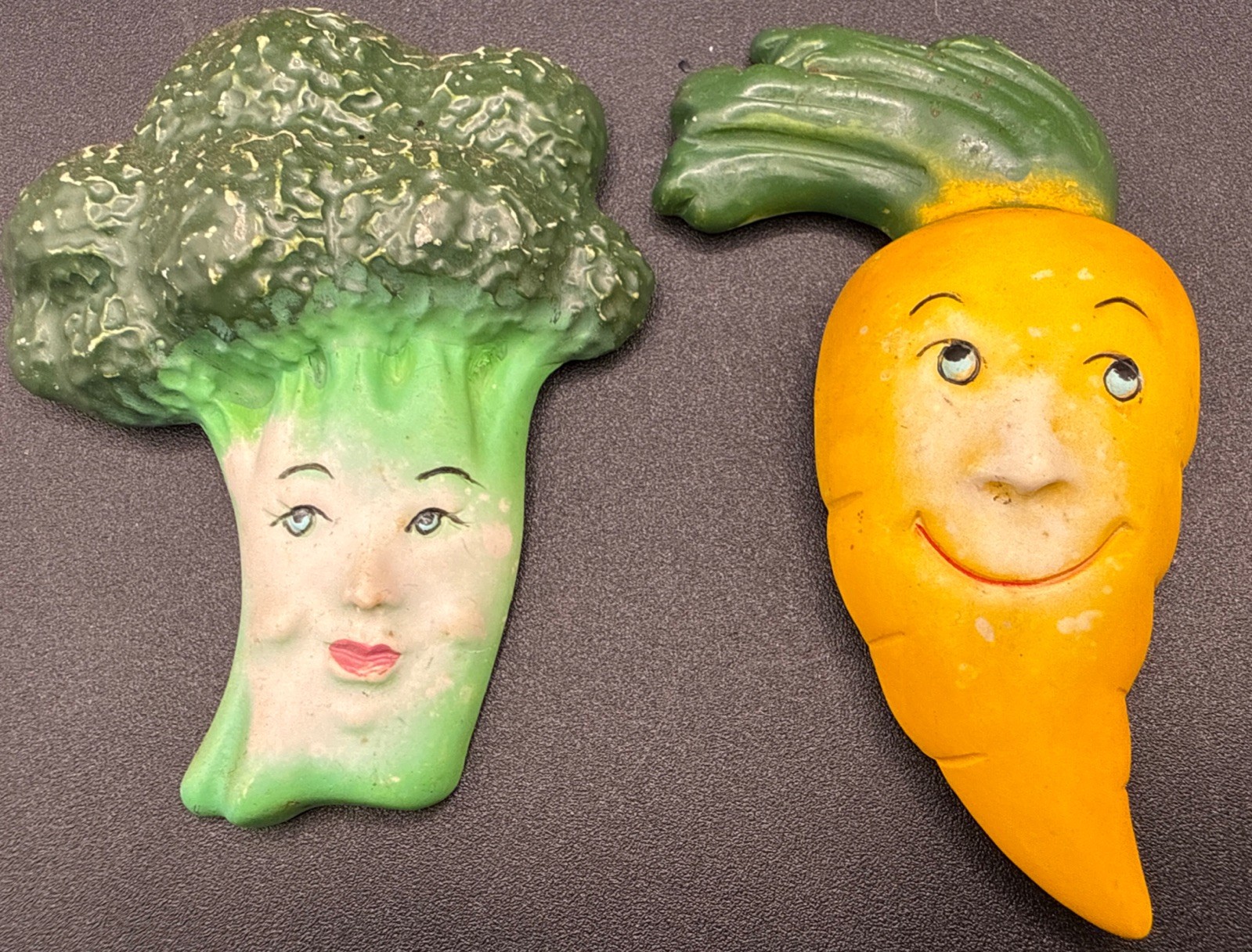 Vintage Anthropomorphic Vegetable Face Refrigerator Magnets Broccoli Carrot
