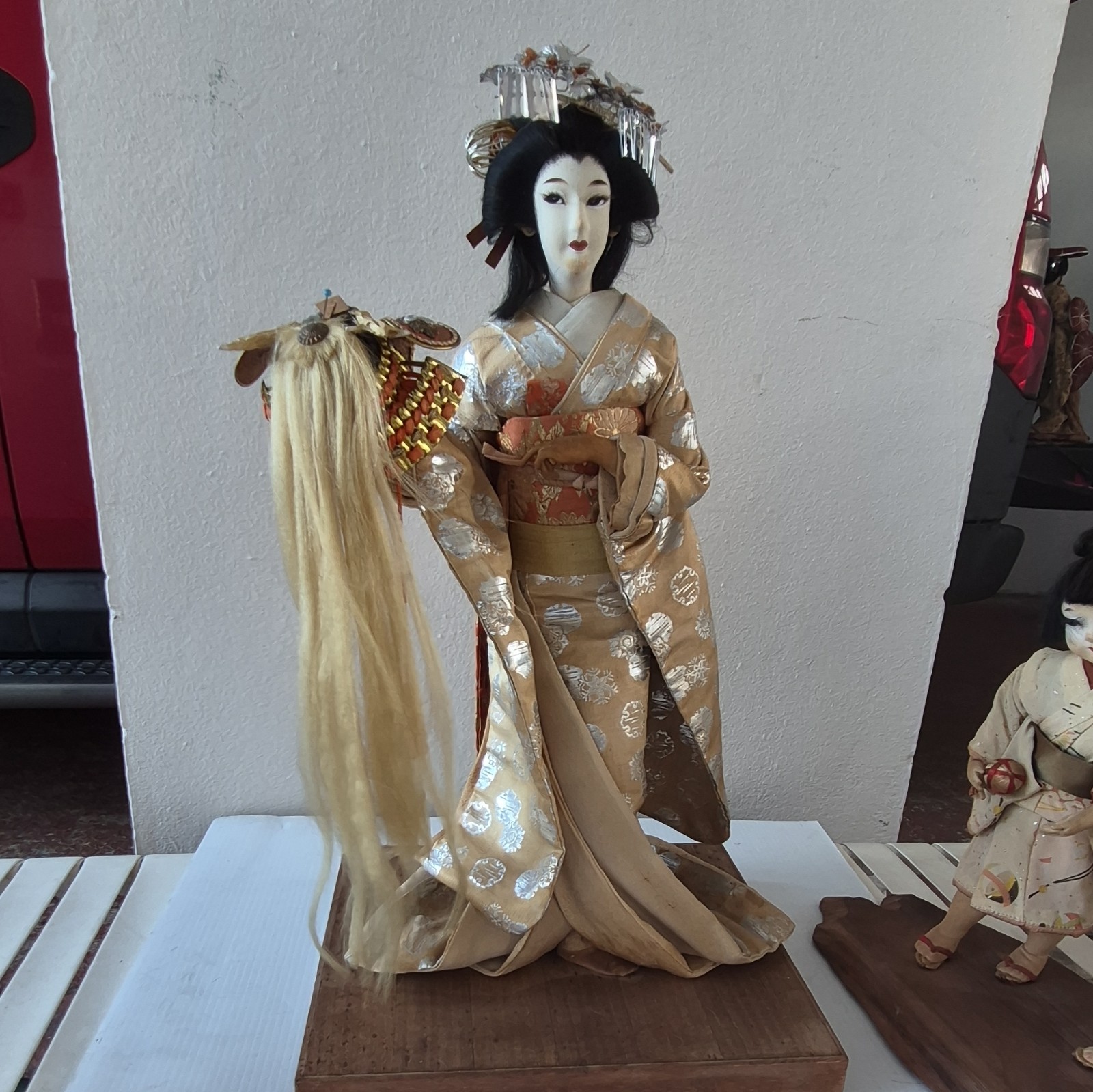 Japanese Geisha Kimono Doll Figure on Wooden Base, Gold/Orange, Black Hair 24\