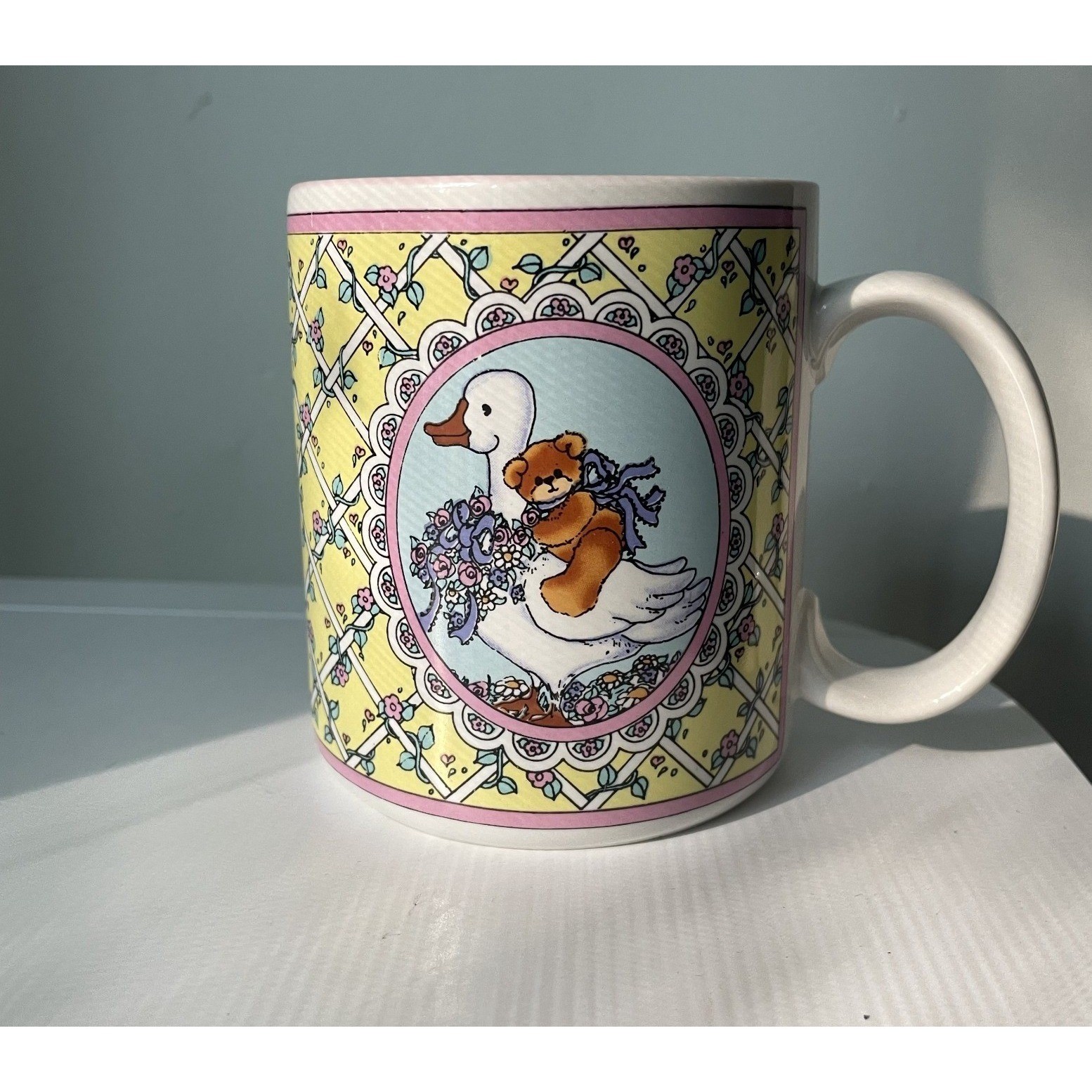 Vintage 1986 Lucy Rigg Enesco Teddy Bear Goose Mug Cottagecore Pastel Floral