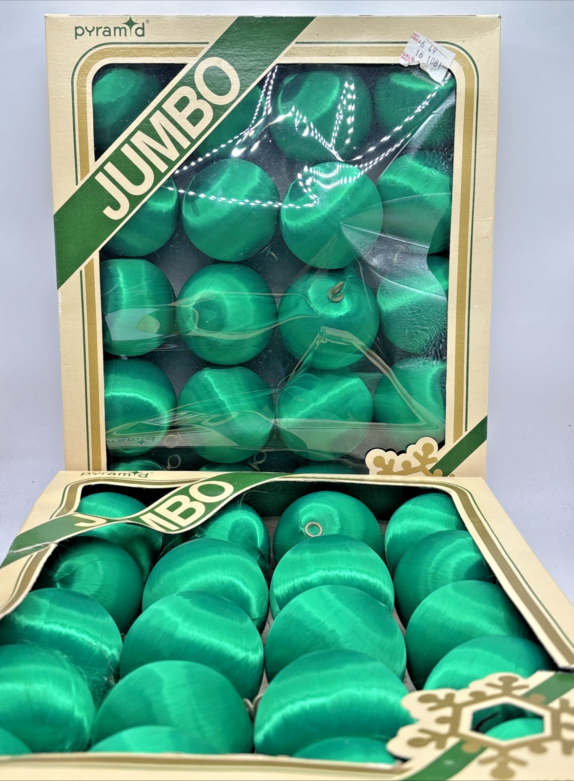 VTG Rauch Green Satin Sheen Round Christmas Ornaments 2 Pyramid Boxes 40 Total VTG Rauch Green Satin Sheen Round Christmas Ornaments 2 Pyramid Boxes 40 Total