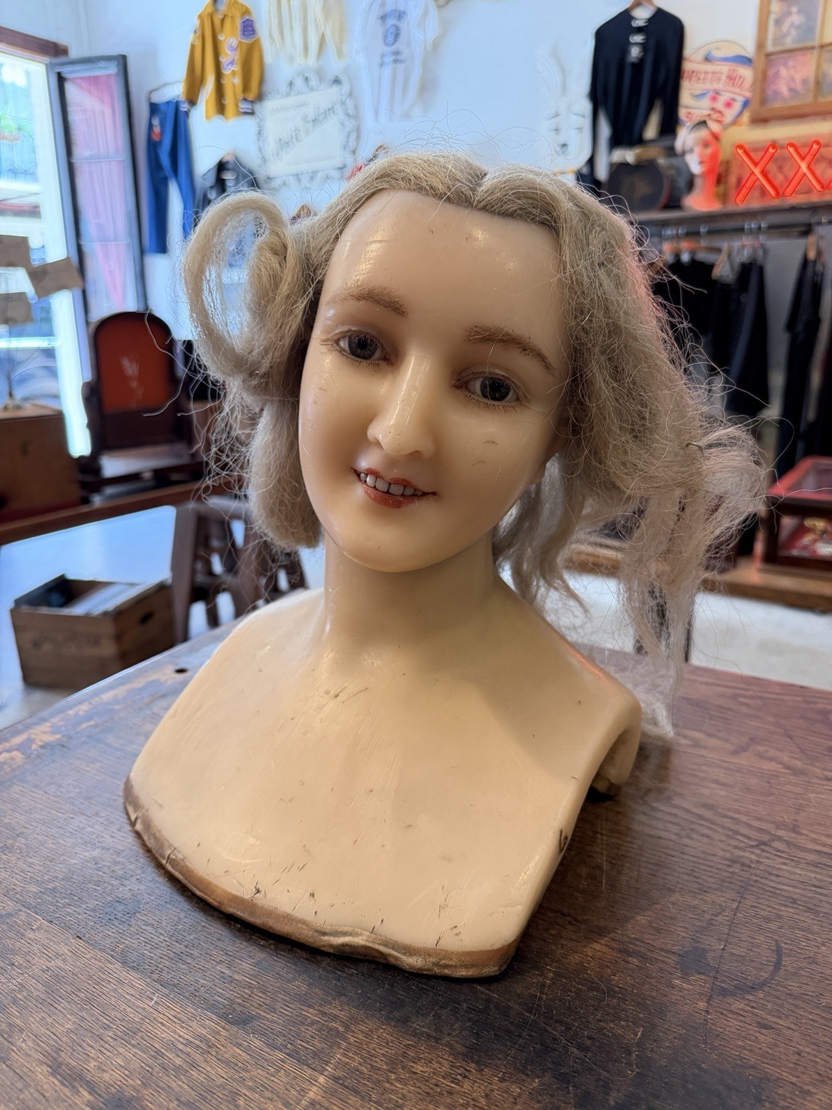 1900s Antique Wax Mannequin Head - French Store Display - Vintage Female Bust AR