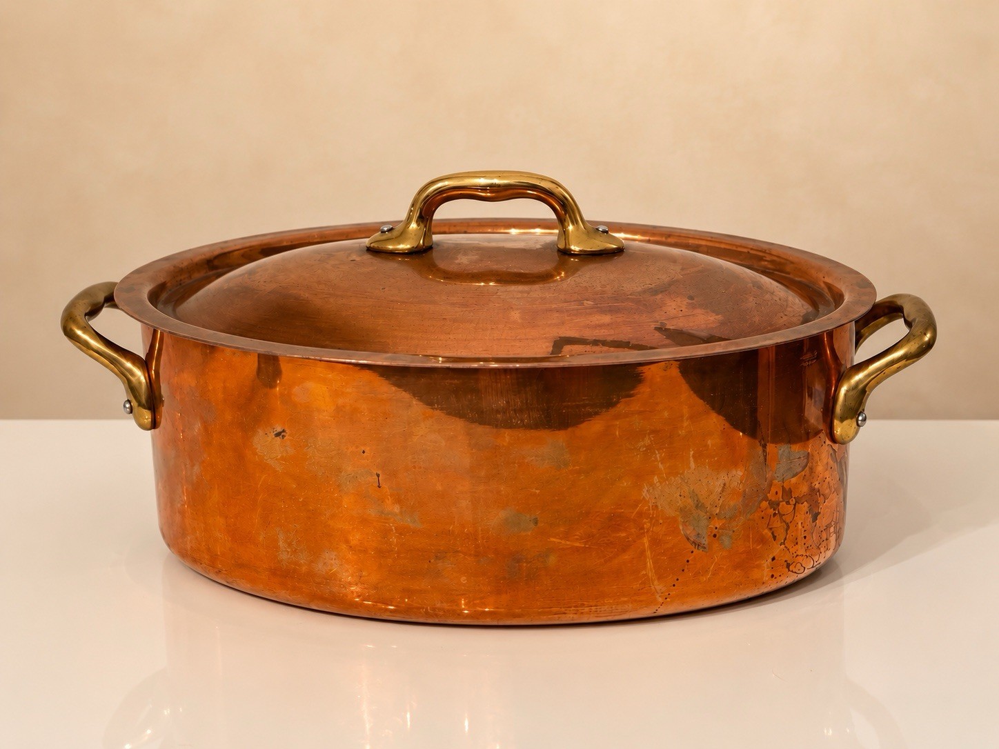 Vintage French Copper Oval Casserole Cocotte Lid Brass Handles Made France Vintage French Copper Oval Casserole Cocotte Lid Brass Handles Made France