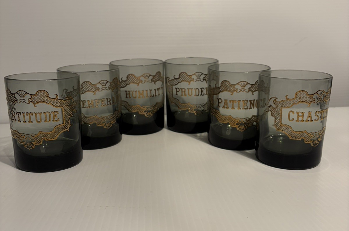 RARE 6 Neiman Marcus VIRTUES Low Ball Whiskey Scotch Bar Glasses VTG 1960’s RARE 6 Neiman Marcus VIRTUES Low Ball Whiskey Scotch Bar Glasses VTG 1960’s