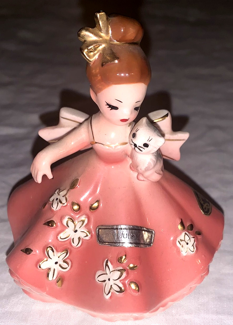 Nice Vintage JOSEF July Birthday Girl Figurine Holding Kitten Nice Vintage JOSEF July Birthday Girl Figurine Holding Kitten