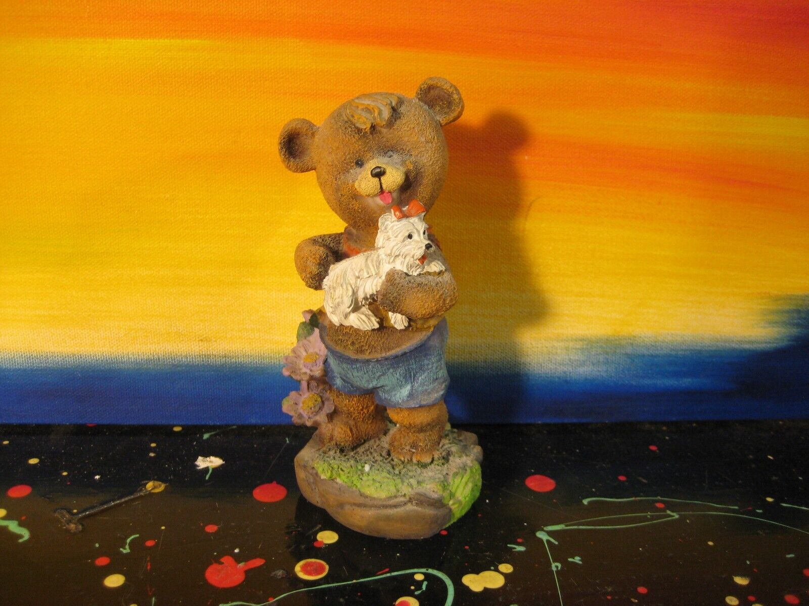 Teddy Bear Cub with Puppy Dog Cute Cold Cast Ceramic Figurine