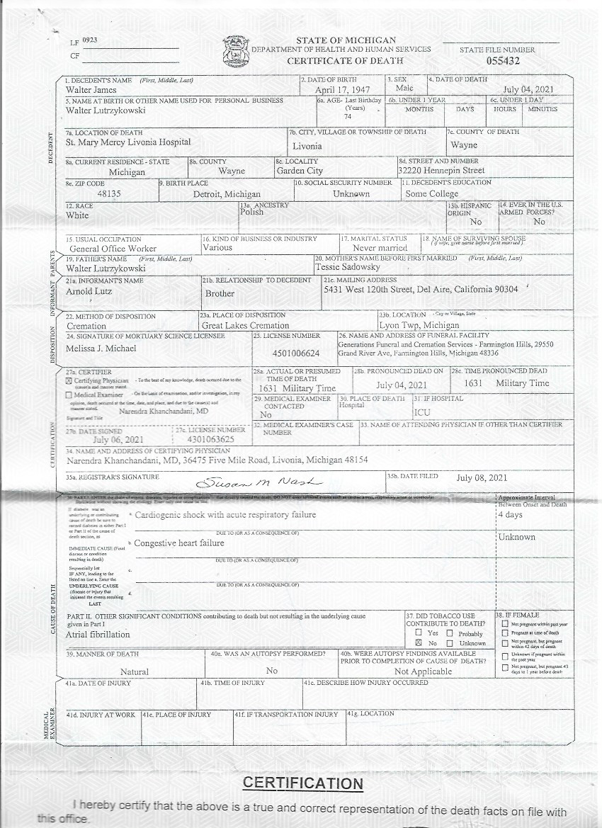 Original Death Certificate Out of Michigan July 4, 2022