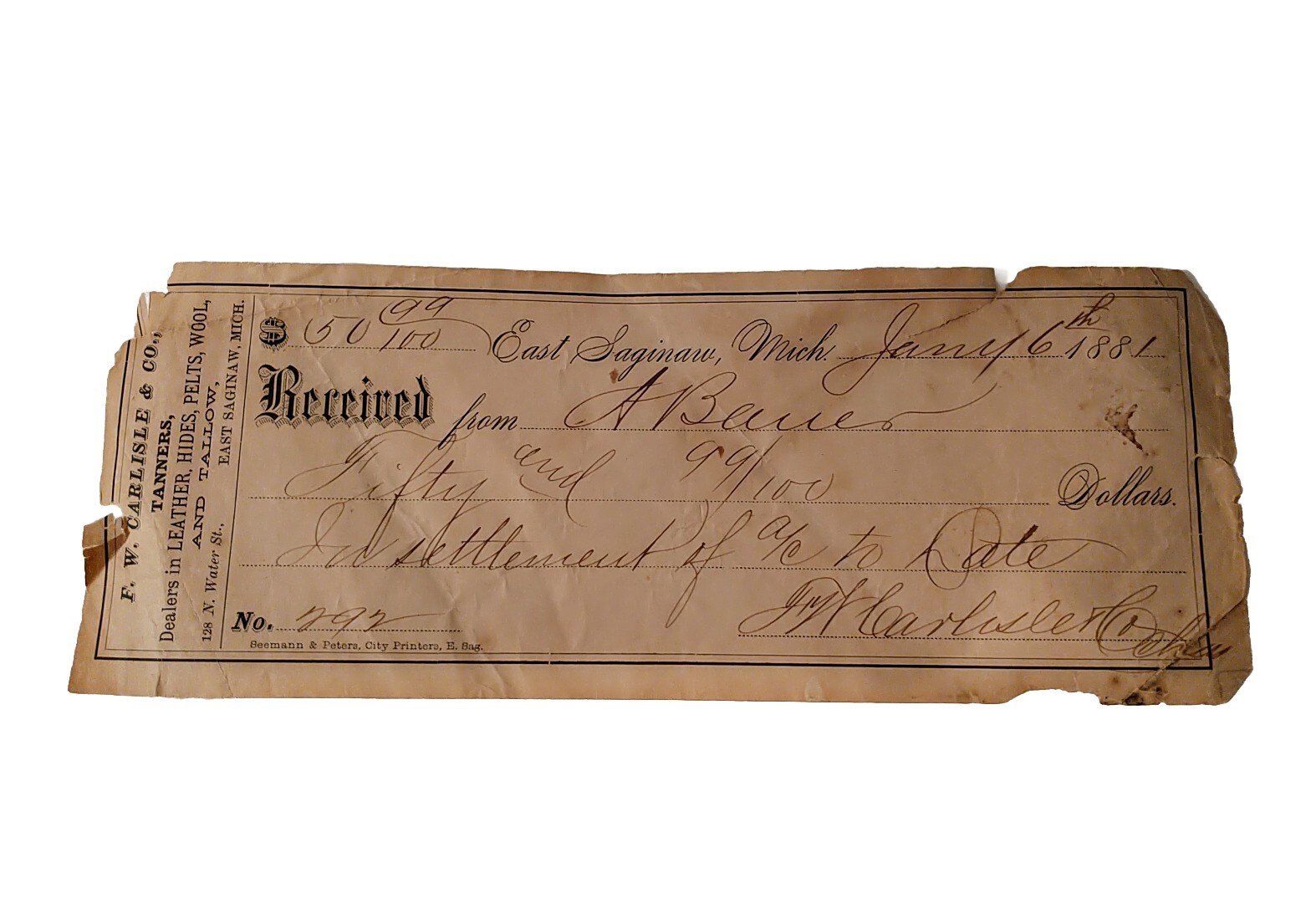 Antique 1881 Receipt East Saginaw Michigan FW Carlisle & Co Tanners  \