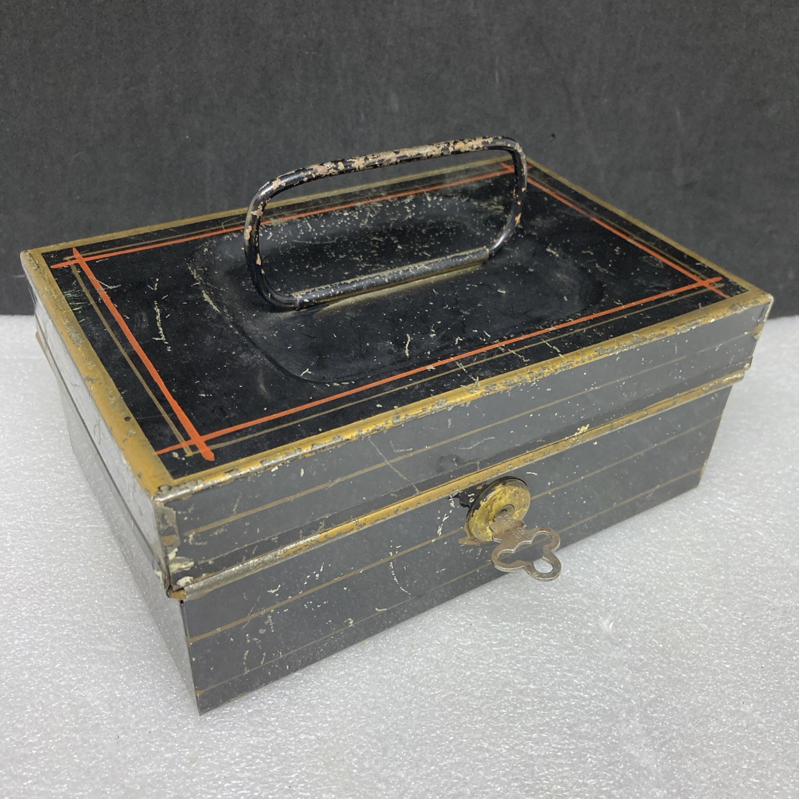 Vintage early 20th century Black Metal Lock Box with Key