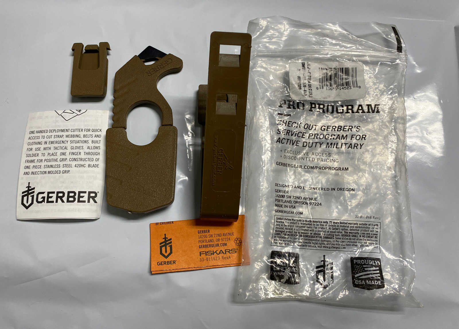 US MILITARY ISSUE GERBER COYOTE BROWN STRAP CUTTER SEAT BELT HOOK KNIFE ARMY OCP