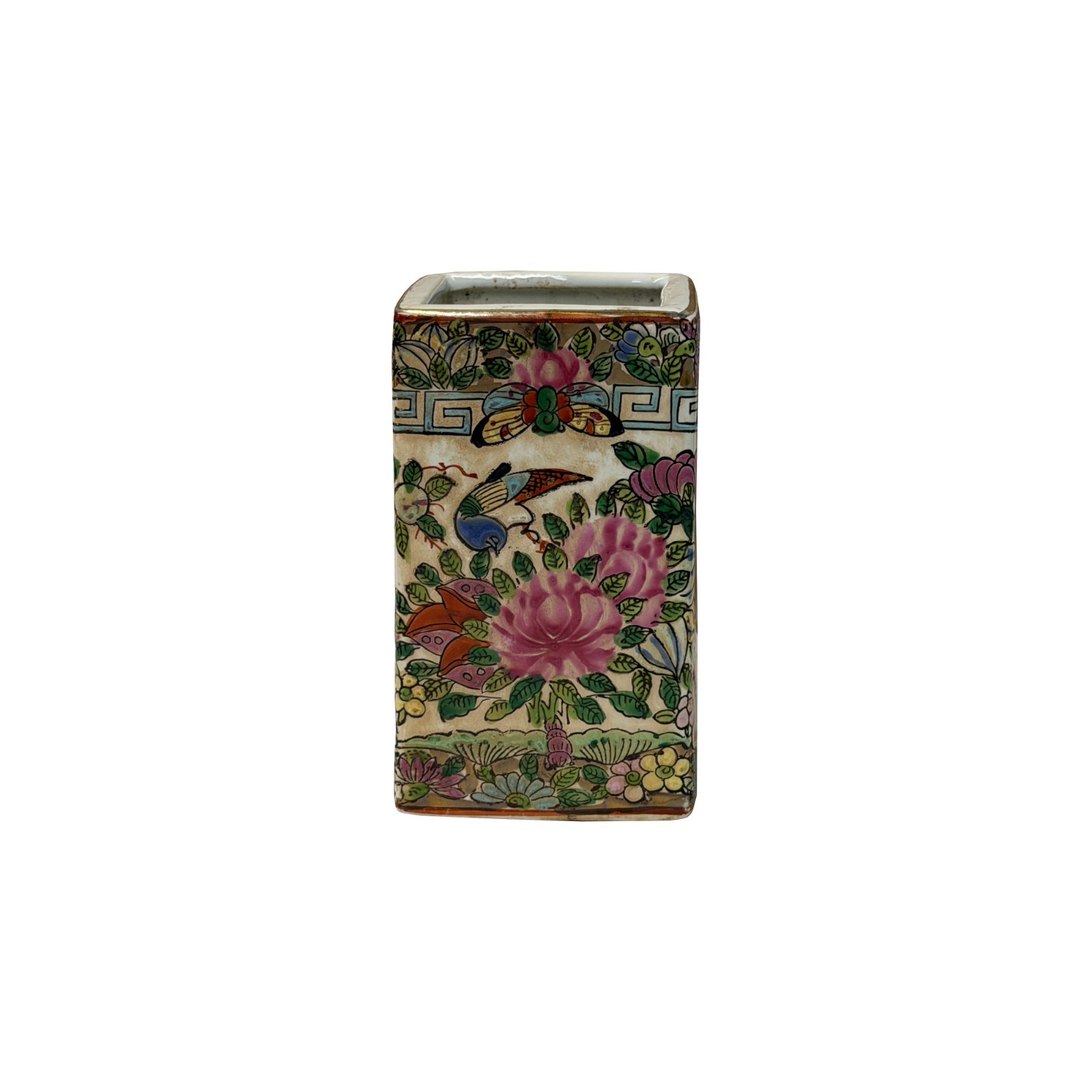 Vintage Chinese Square Floral Bird Figural Graphic Porcelain Holder GB842