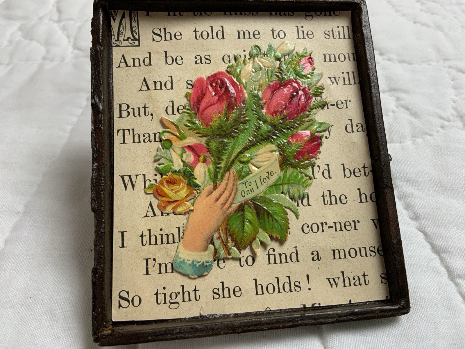 Vintage Antique Victorian Die Cut Ephemera Framed, Half Union Case, Roses
