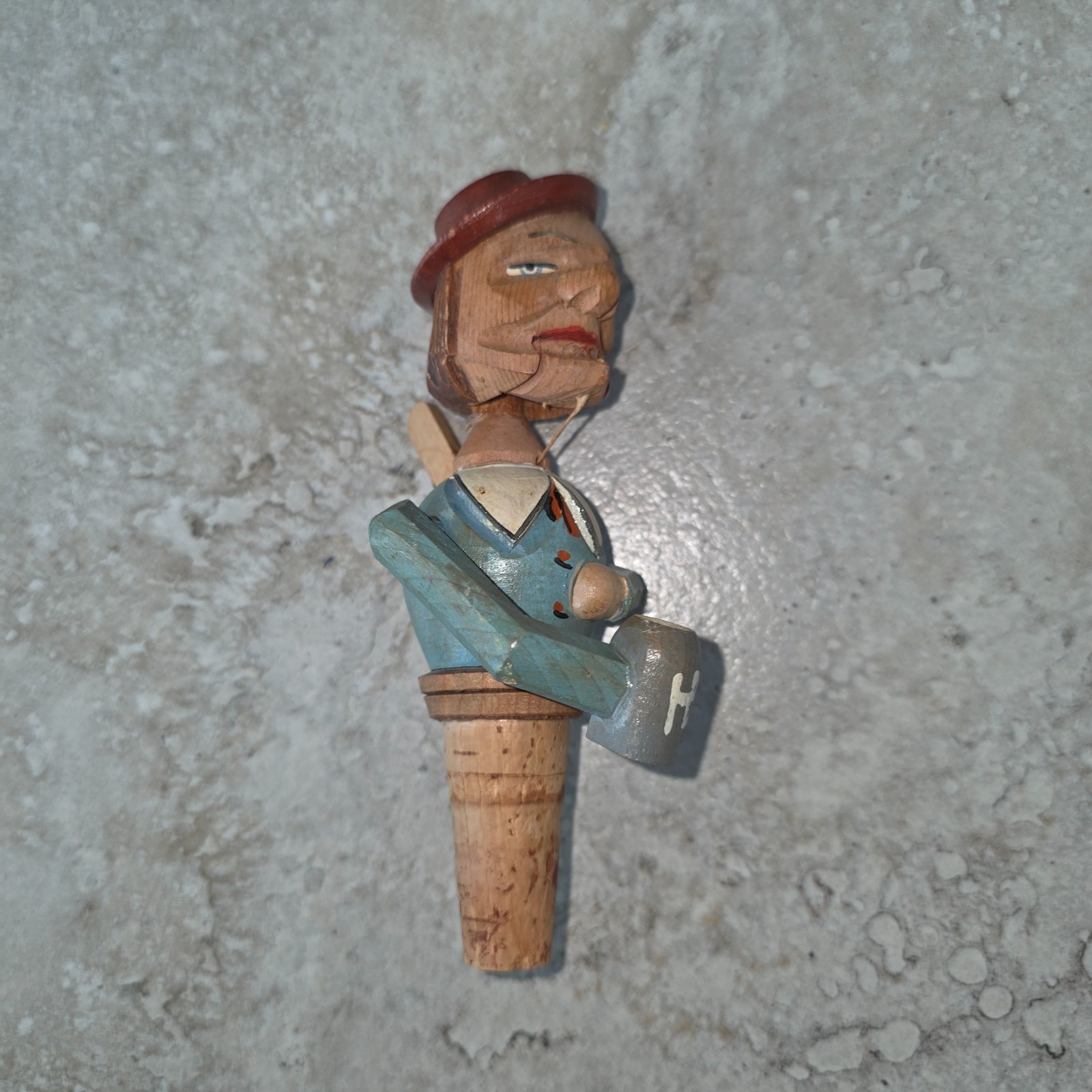 Vintage Made In Germany Man Bottle Stopper - Hand Carved Painted Wood - 6