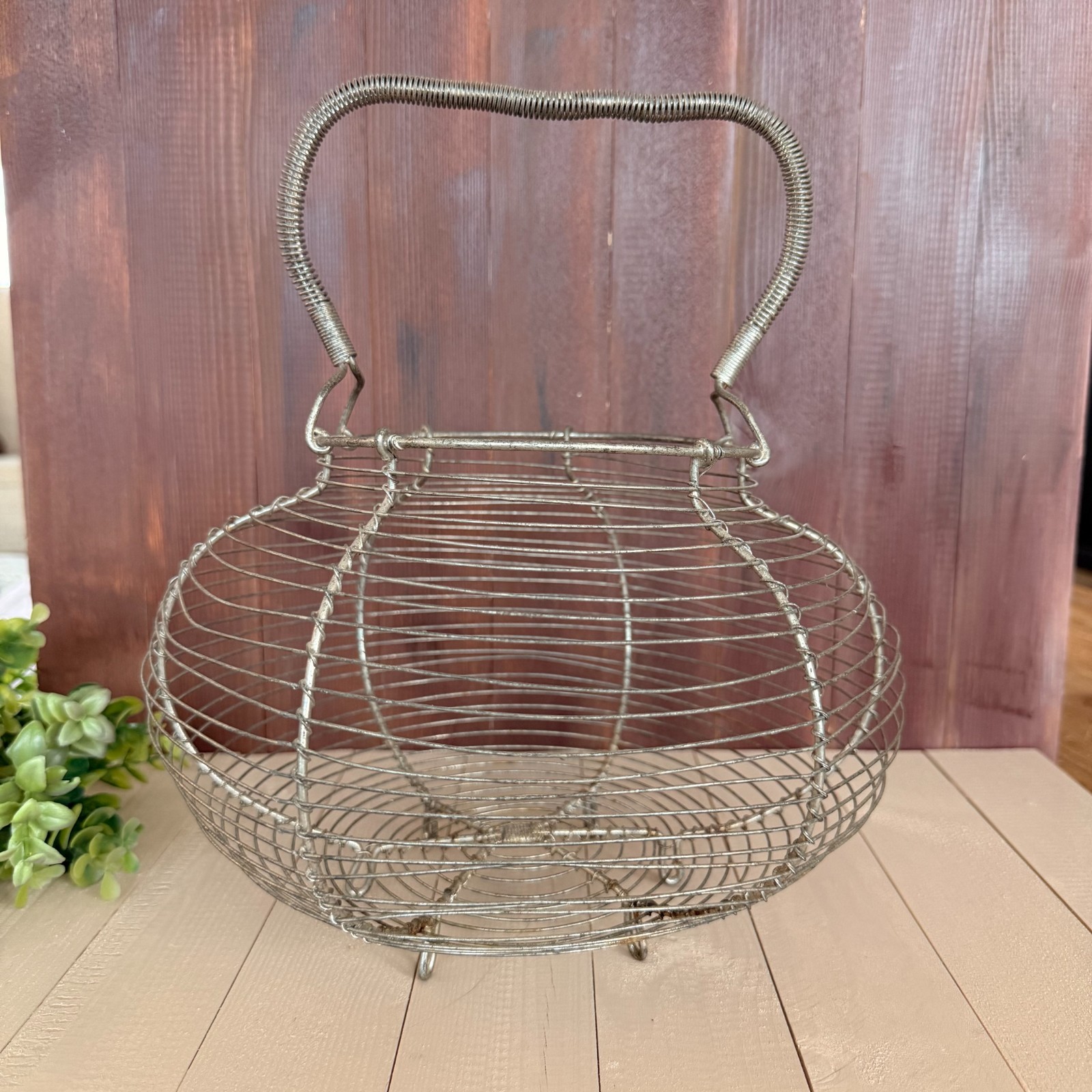 Vintage French Wire Egg Basket Gathering Farmhouse Country Style Footed Handle