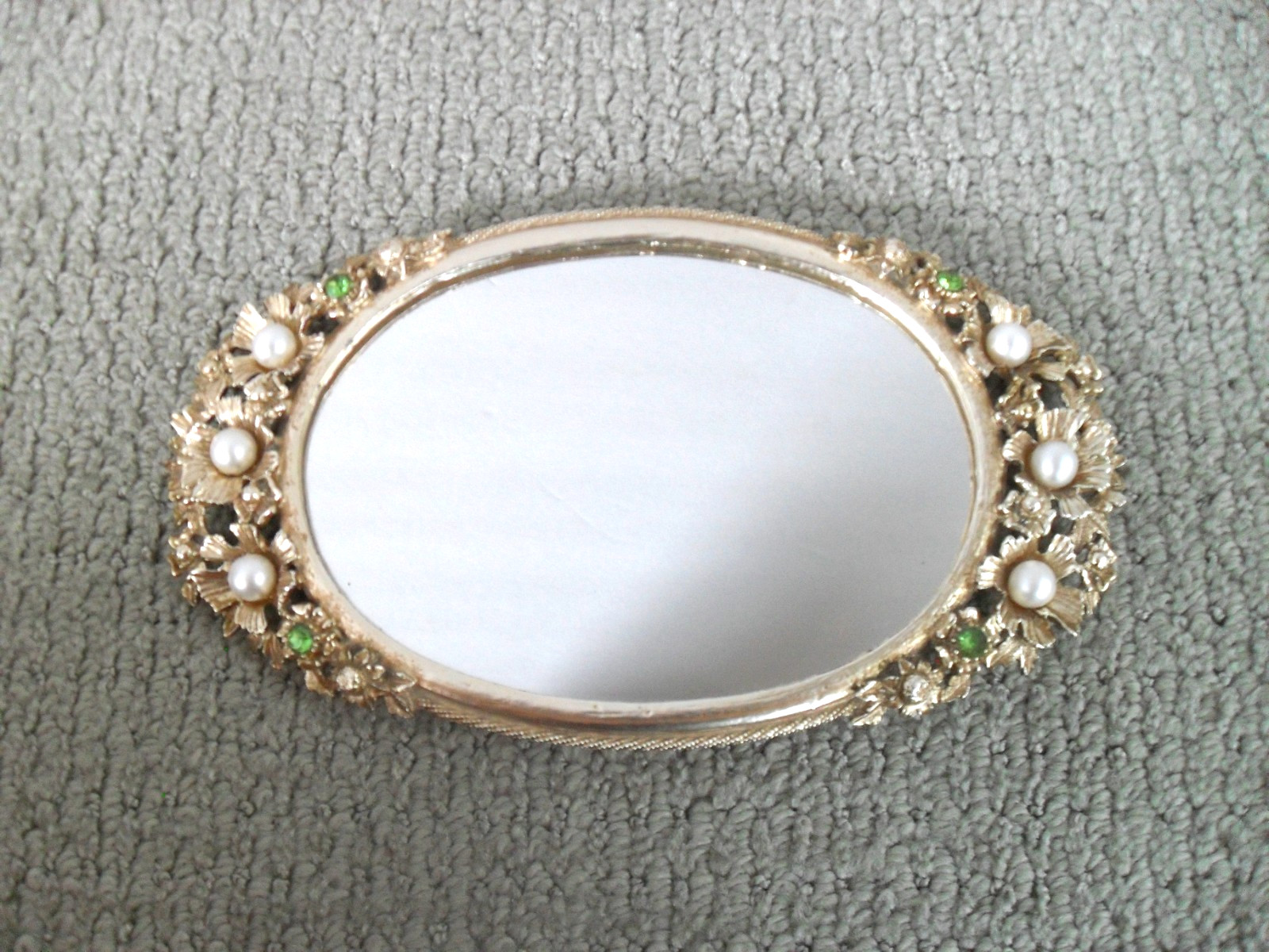 Vintage Florenza Jeweled Mirror Small Vanity Tray Faux Pearl Rhinestone Flowers
