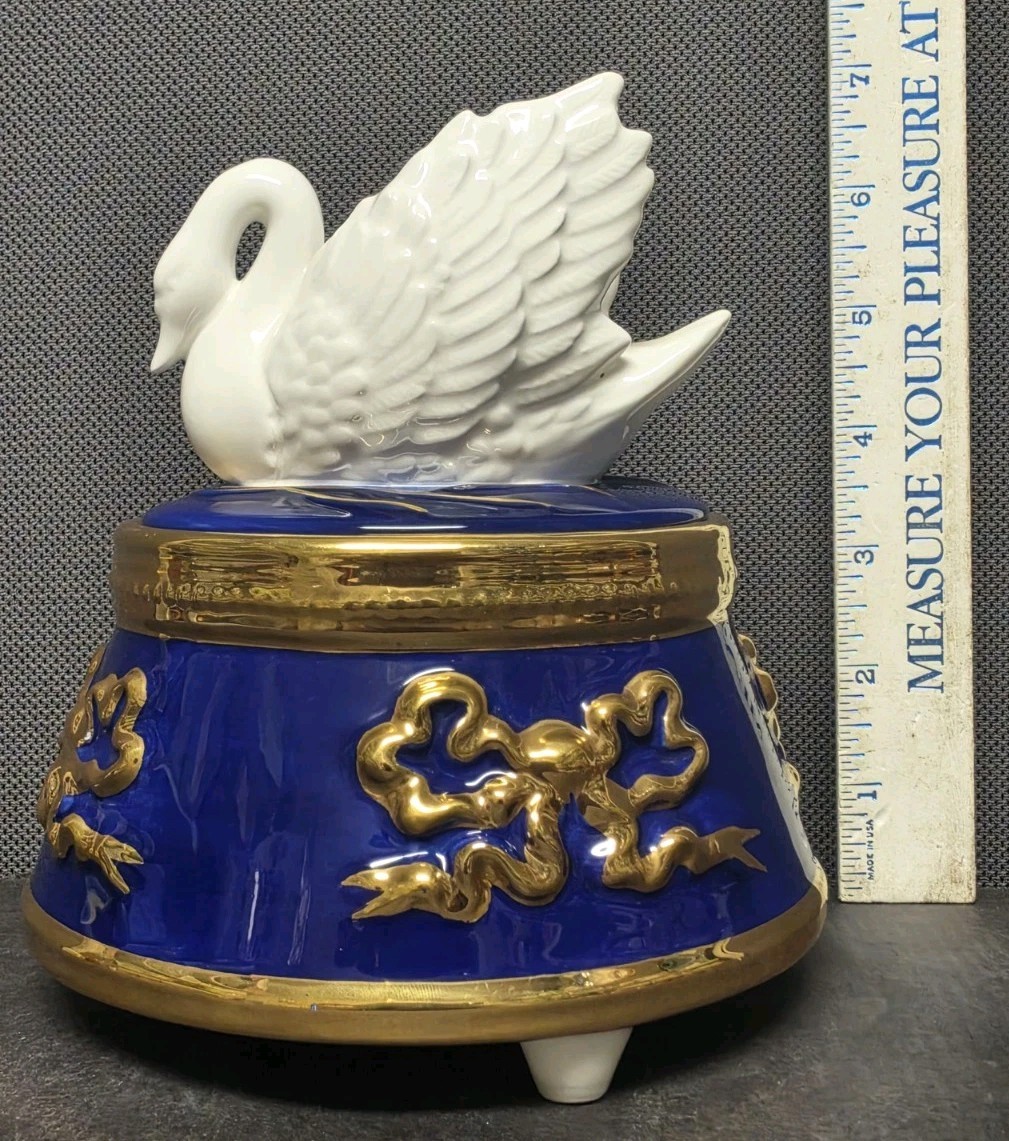 Vtg Teleflora Porcelain Swan Lake Music Box Trinket Jewelry Blue & Gold *READ* Vtg Teleflora Porcelain Swan Lake Music Box Trinket Jewelry Blue & Gold *READ*