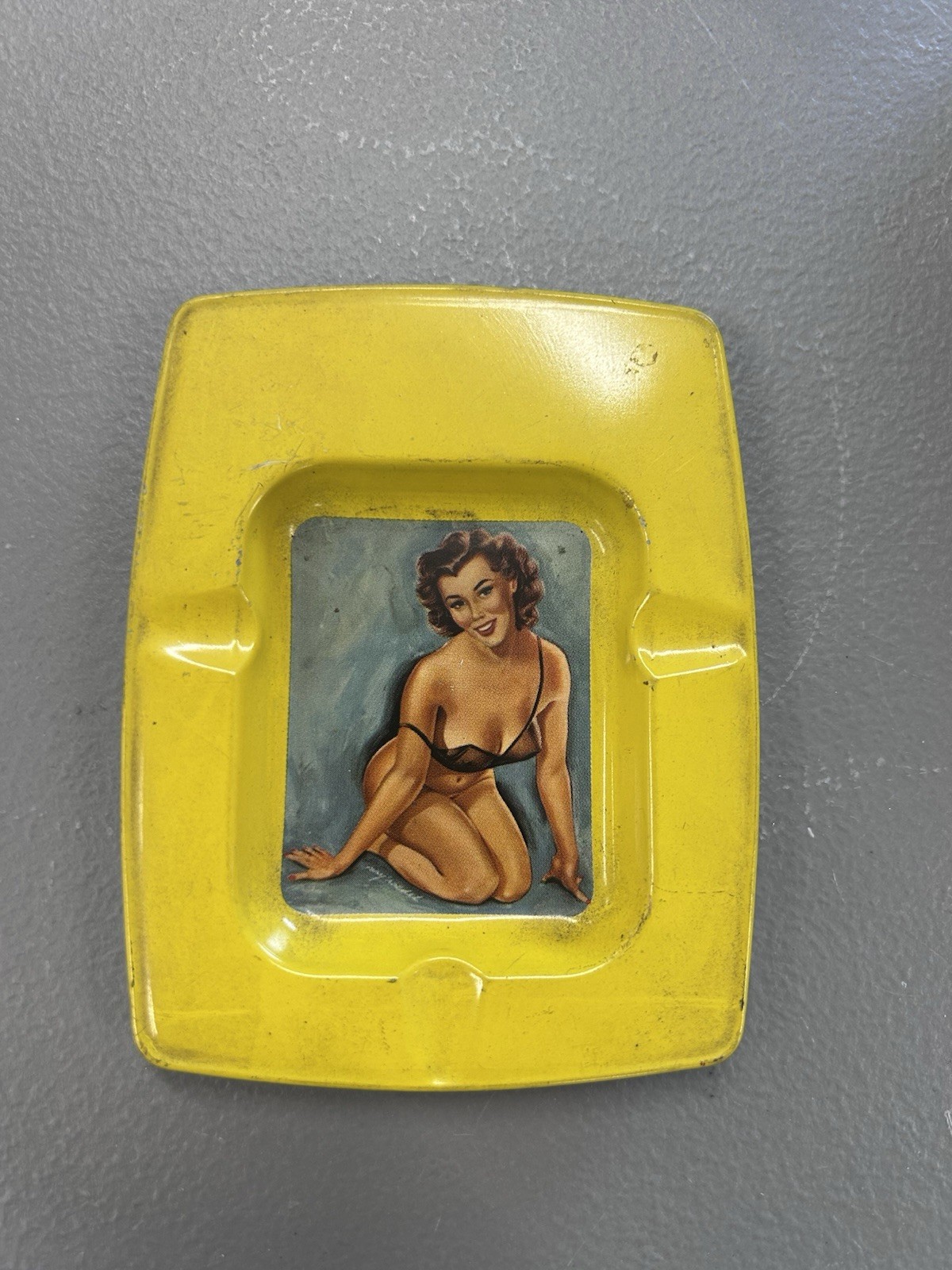 Vintage 1950s Pinup Tin Litho Advertising Ashtray Glamour Girl Sexy Risque Dish Vintage 1950s Pinup Tin Litho Advertising Ashtray Glamour Girl Sexy Risque Dish