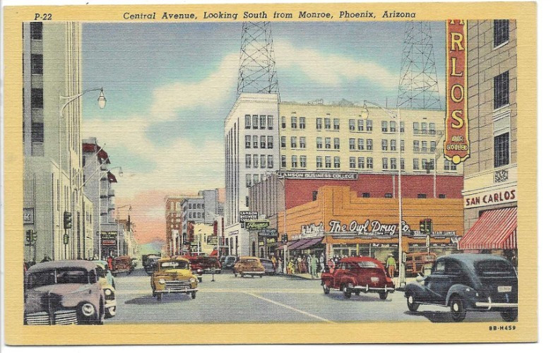 LINEN  Postcard       CENTRAL AVENUE, LOOKING SOUTH FROM MONROE  -  PHOENIX, AZ