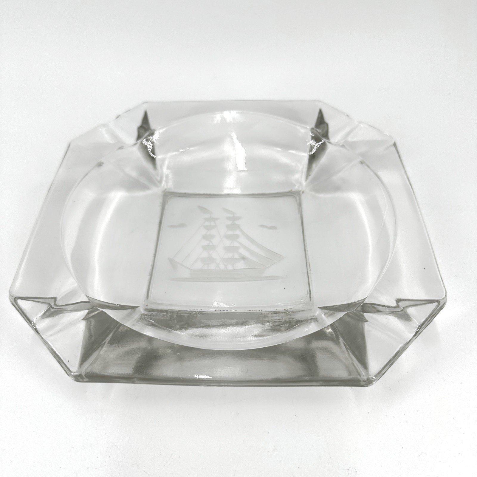 Vintage Clear Glass Octagon Dish Ashtray with Etched Sailing Ship - Mid-Century