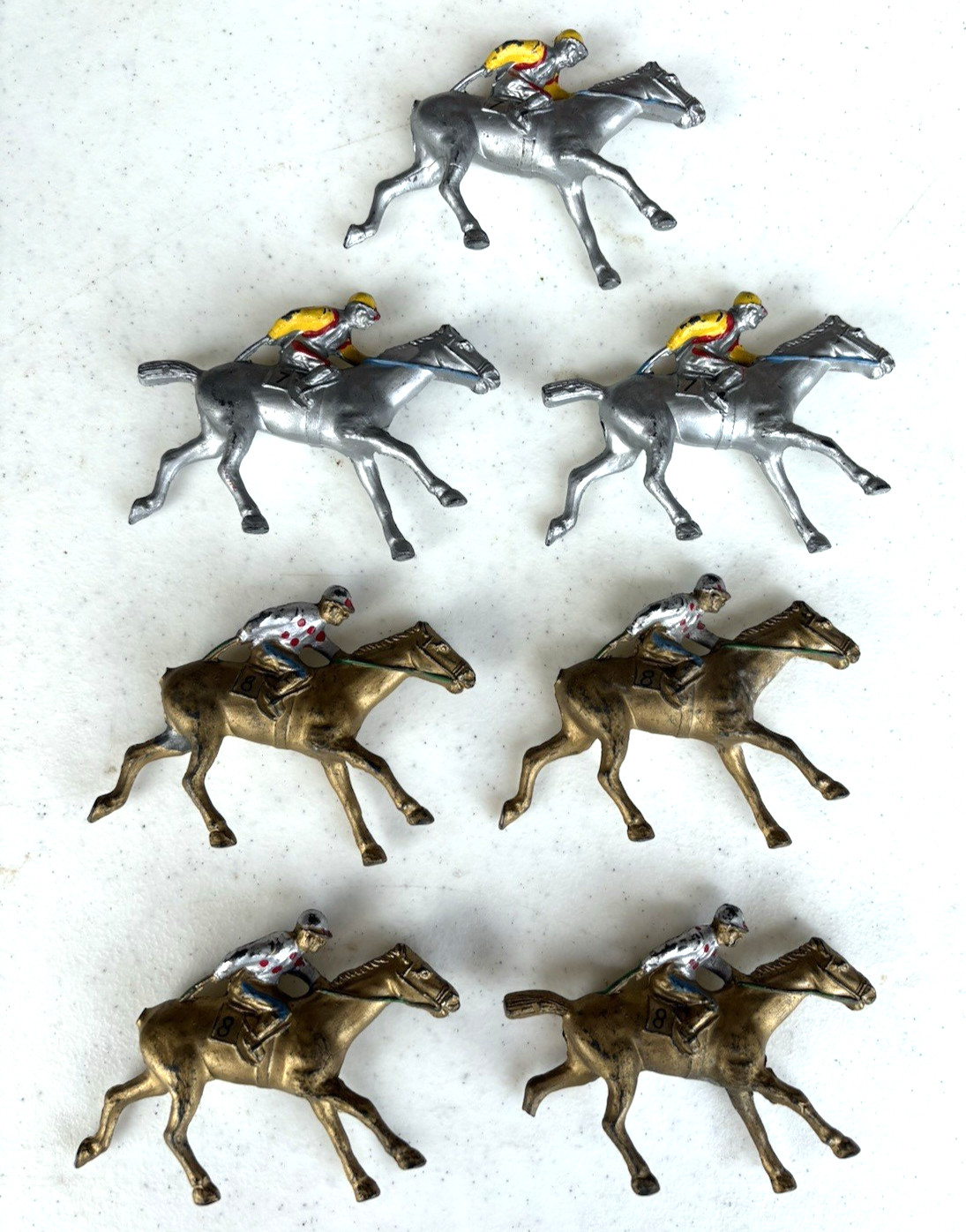Vintage Metal Jockey Riding a Derby Race Horse Hand Painted Lot of 7 Vintage Metal Jockey Riding a Derby Race Horse Hand Painted Lot of 7