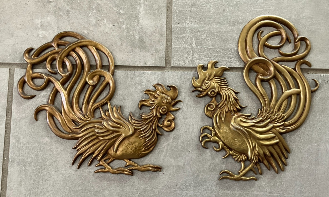 Vermay Metal Roosters 1960s Vintage Wall Art* 12.5” set of 2 Fighting Cocks