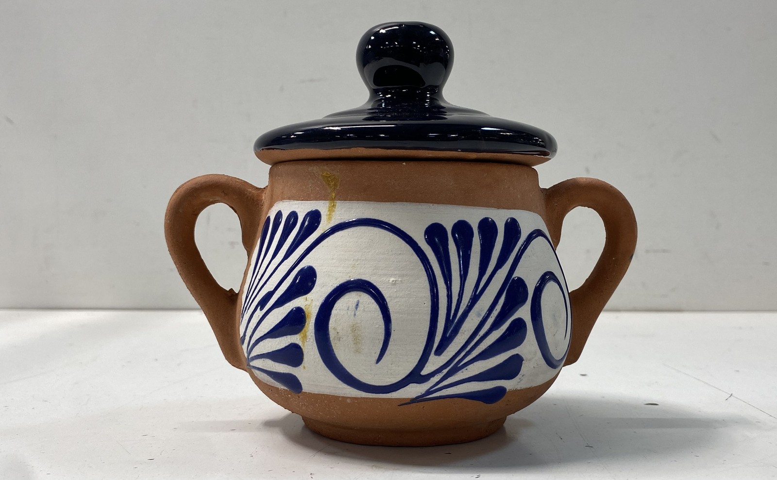La Mexicana Ceramic Lidded Jar Mexican Folk Art Terracotta Blue White 5.5 Inch