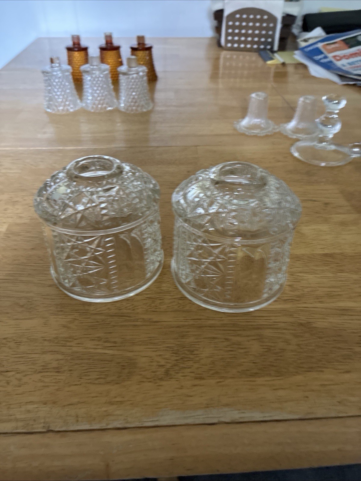 Vintage Indiana Glass Amber Stars Bars Candle Holder Lamp Tops Only Set Of 2