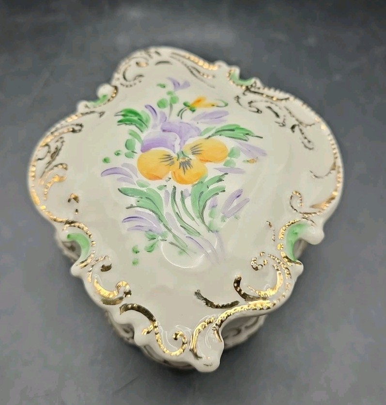 Vintage Porcelain Lidded Trinket Box Hand Painted, Stamp On Back Vintage Porcelain Lidded Trinket Box Hand Painted, Stamp On Back