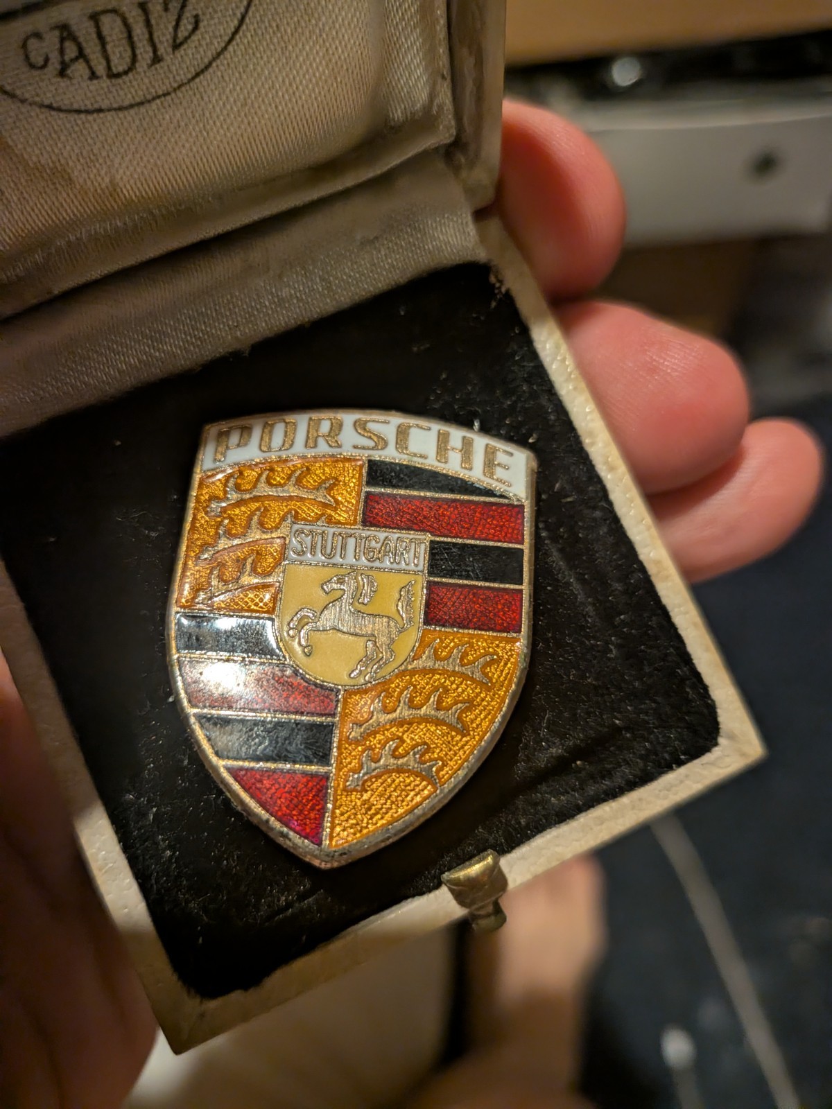 A Vintage Porsche Badge, In Box, 1960\'s-\'70\'s? Enamel