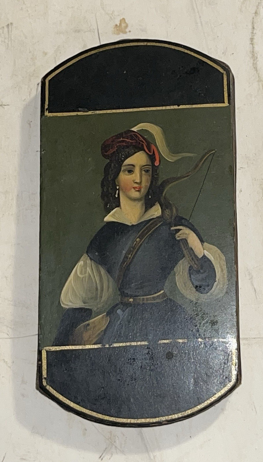 Wonderful 18th C. Antique Lacquered Lady Archer Portrait Wood Tobacco Snuff Box Wonderful 18th C. Antique Lacquered Lady Archer Portrait Wood Tobacco Snuff Box