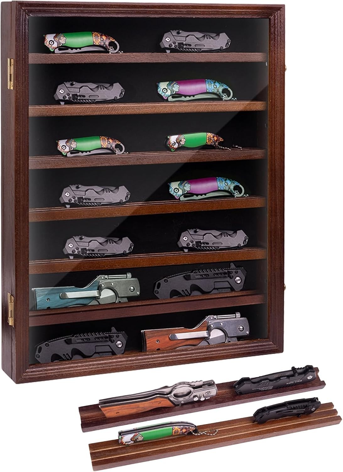 7 Layers Knife Display Case Cherry Wood Locking Cabinet W/ 6 Removable Double