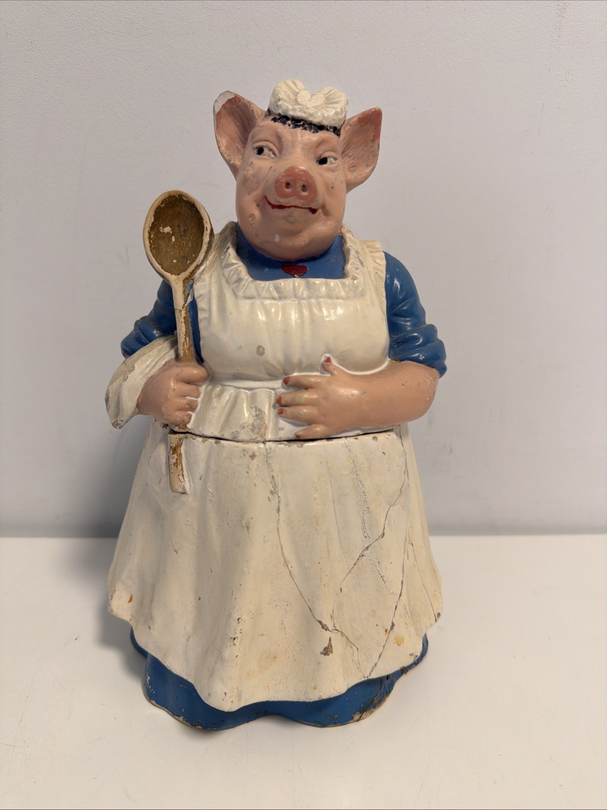Rare Antique Ceramic Figural Tobacco Jar Humidor - Pig Cook Holding Spoon Apron