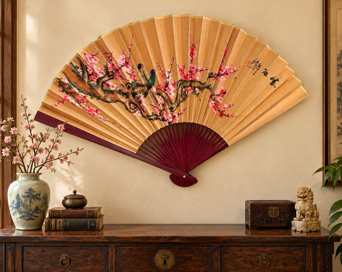 Large Signed Hand-Painted Chinese Wall Fan Birds & Plum Blossoms 53” Vintage Large Signed Hand-Painted Chinese Wall Fan Birds & Plum Blossoms 53” Vintage